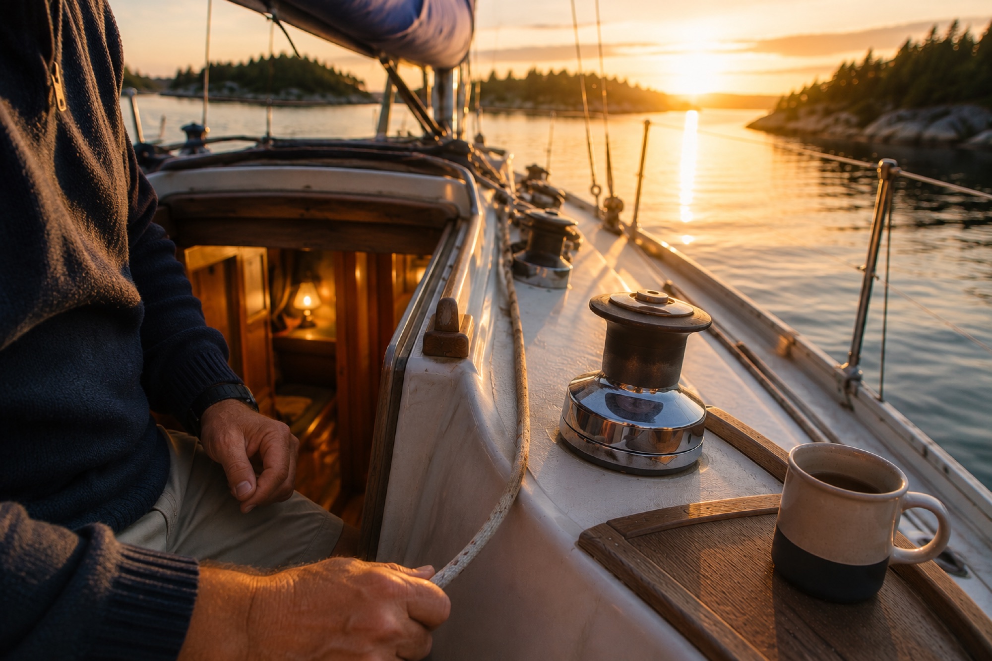 Golden hour detail in the cockpit with hands on winch and coffee mug on coaming