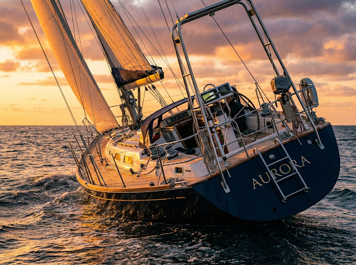 Sailing yacht heeling on open water at sunset