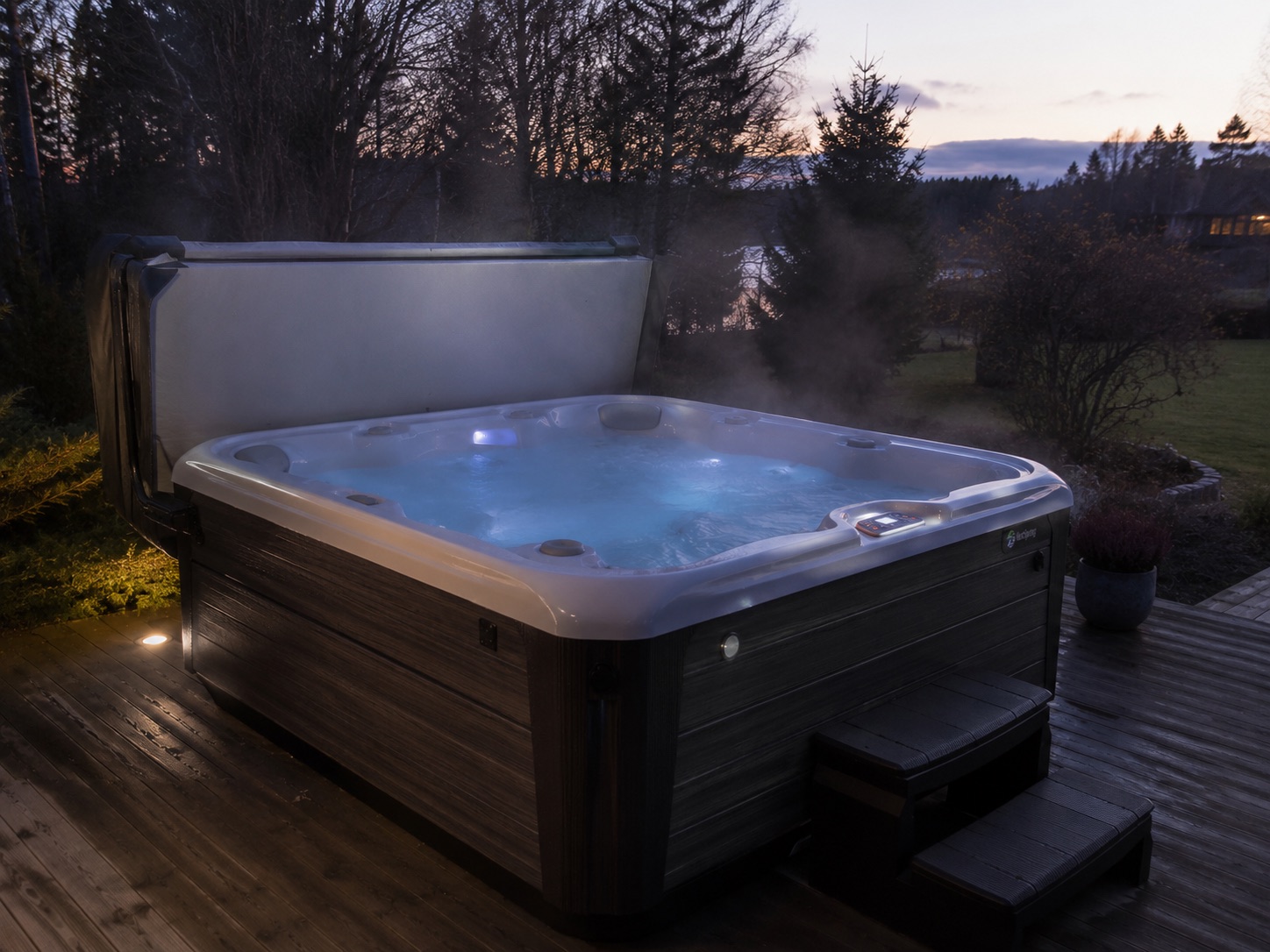 Outdoor hot tub lit at dusk with steam rising, on a cottage deck
