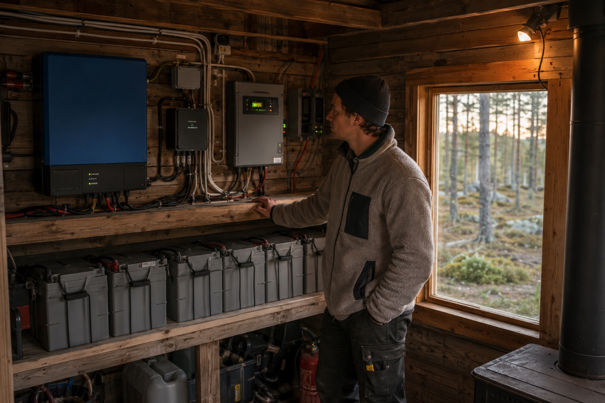 Off-grid power system: battery bank and charge controller in a cottage