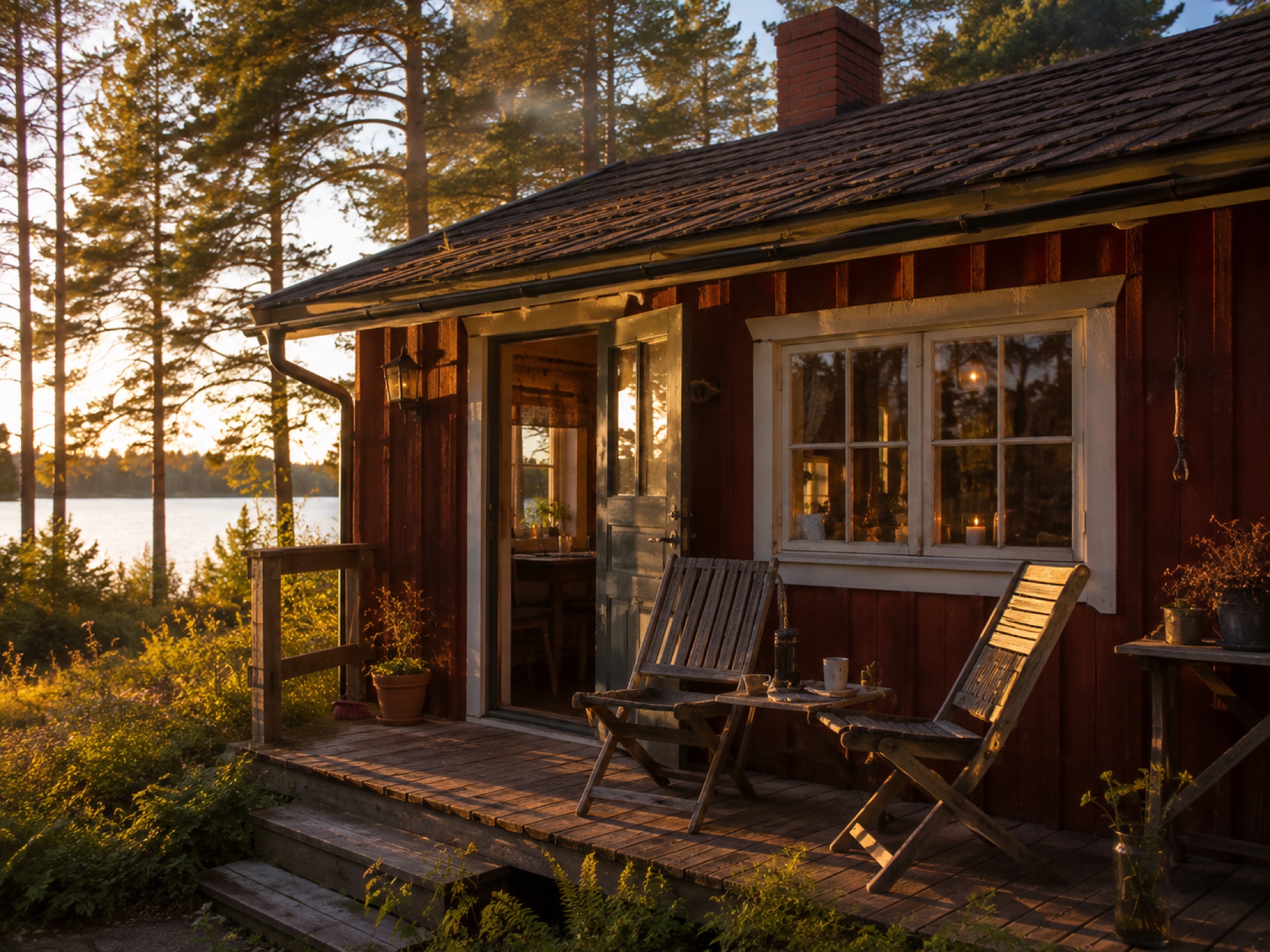 Red-painted Nordic lakeside cottage in warm evening light, chairs on the porch