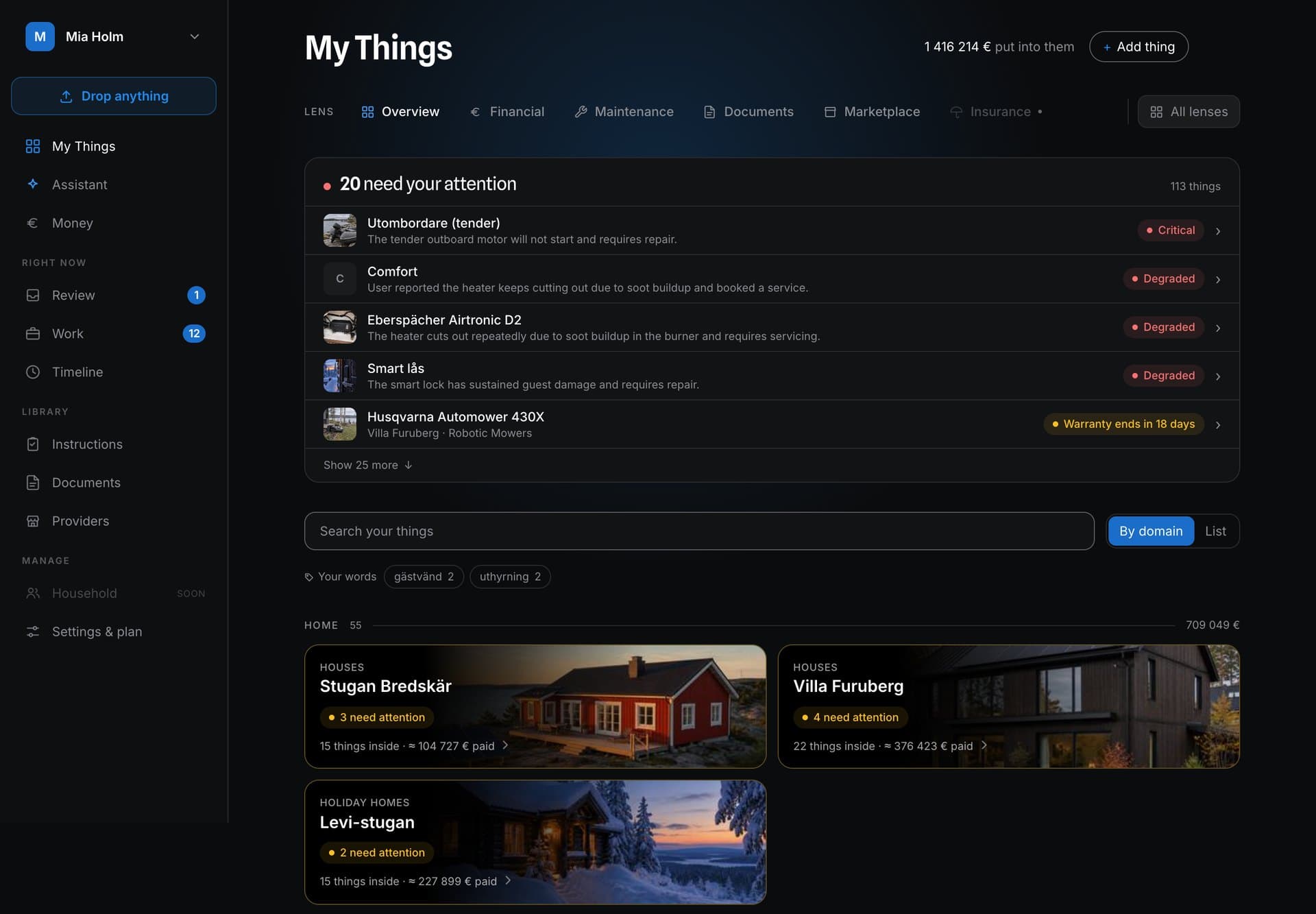 The Grej web app: My Things, with the twenty things that need attention listed first and each home and boat below