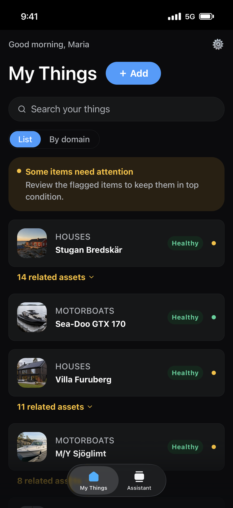 The Grej app showing a My Things list on an iPhone