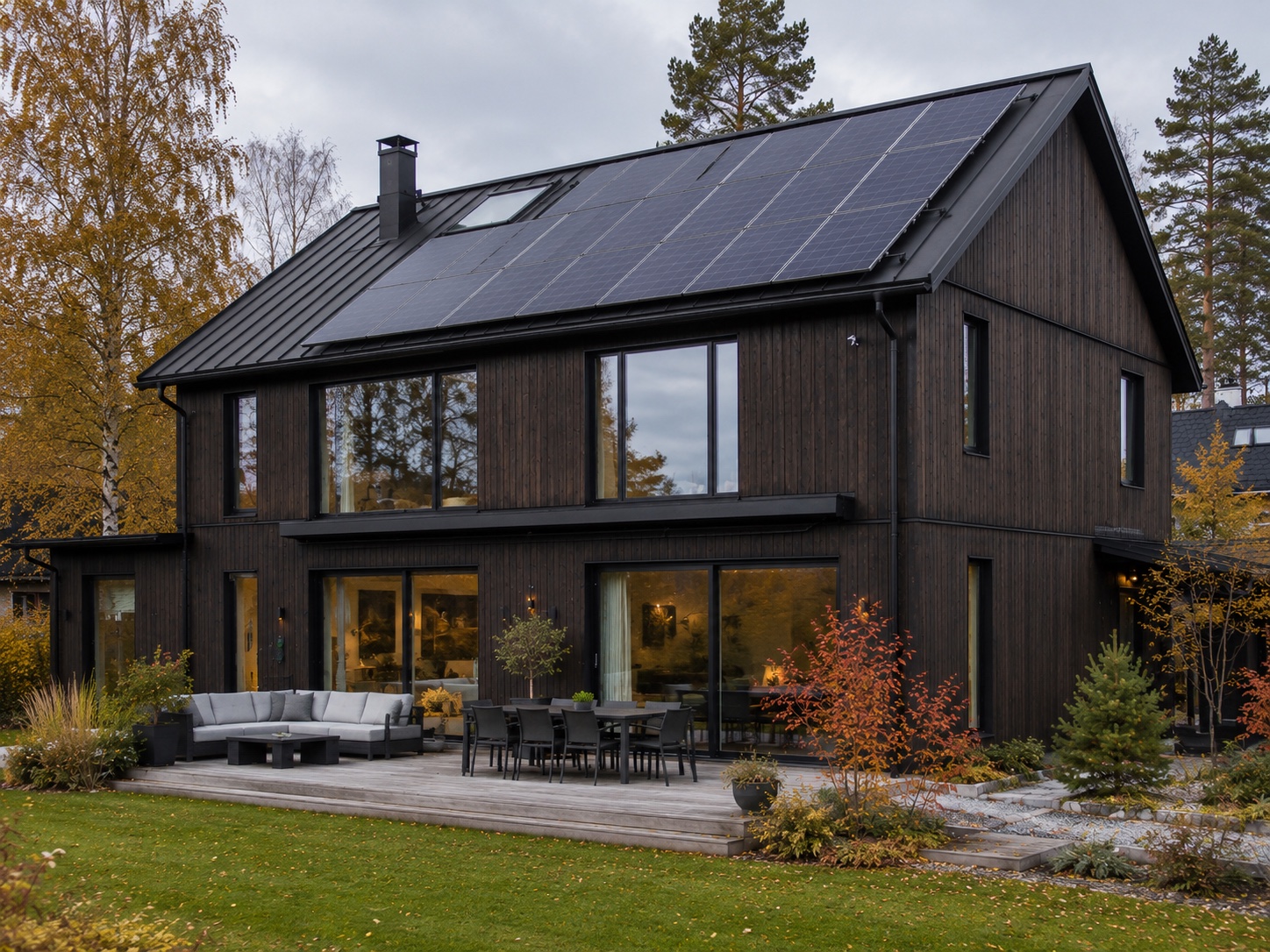 Modern Nordic villa with rooftop solar panels and a garden