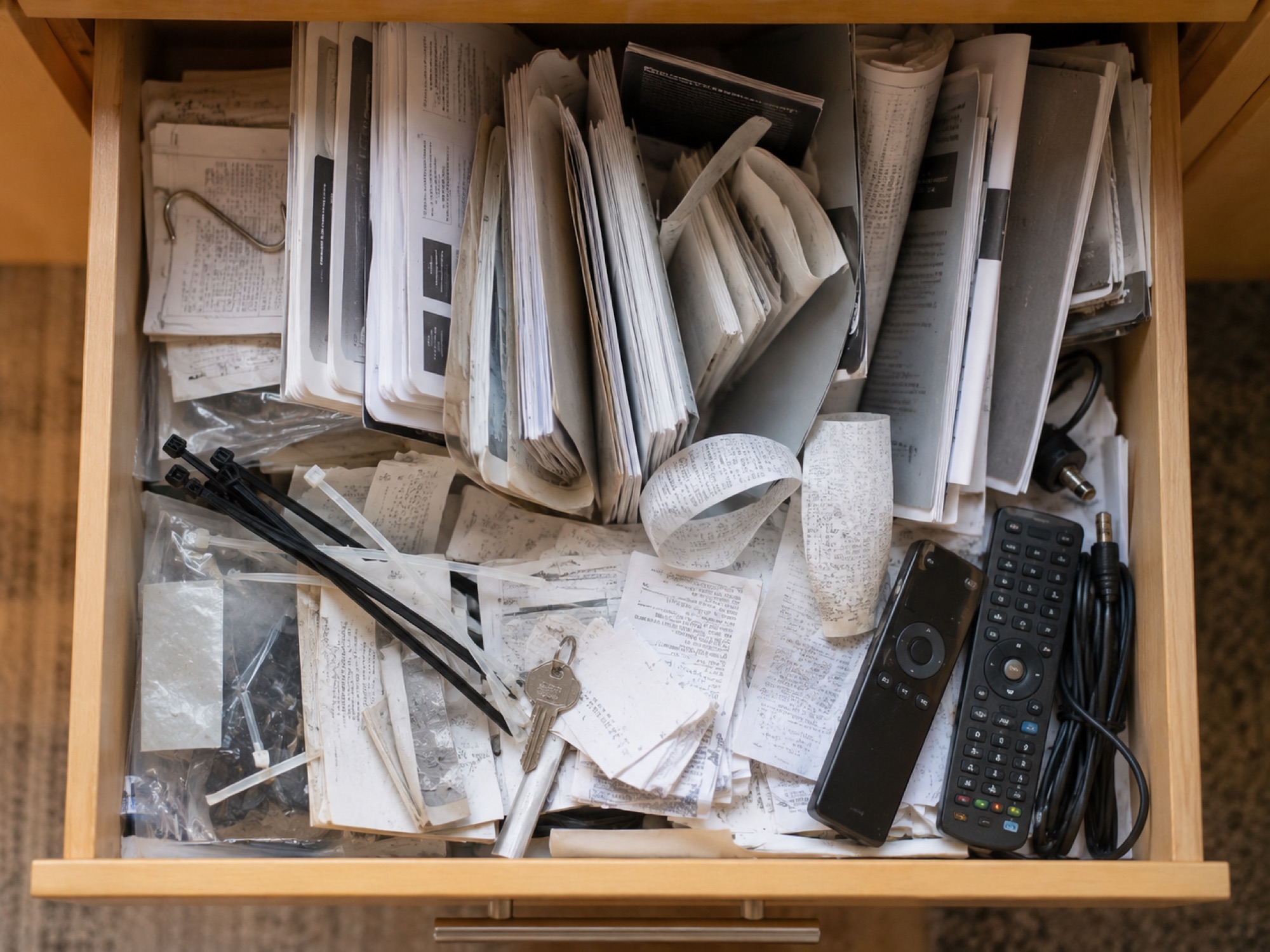 Drawer full of manuals, receipts, and documents